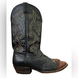Hondo VINTAGE men’s cowboy boots blk lthr w brwn snakeskin pointed toes SZ 10D